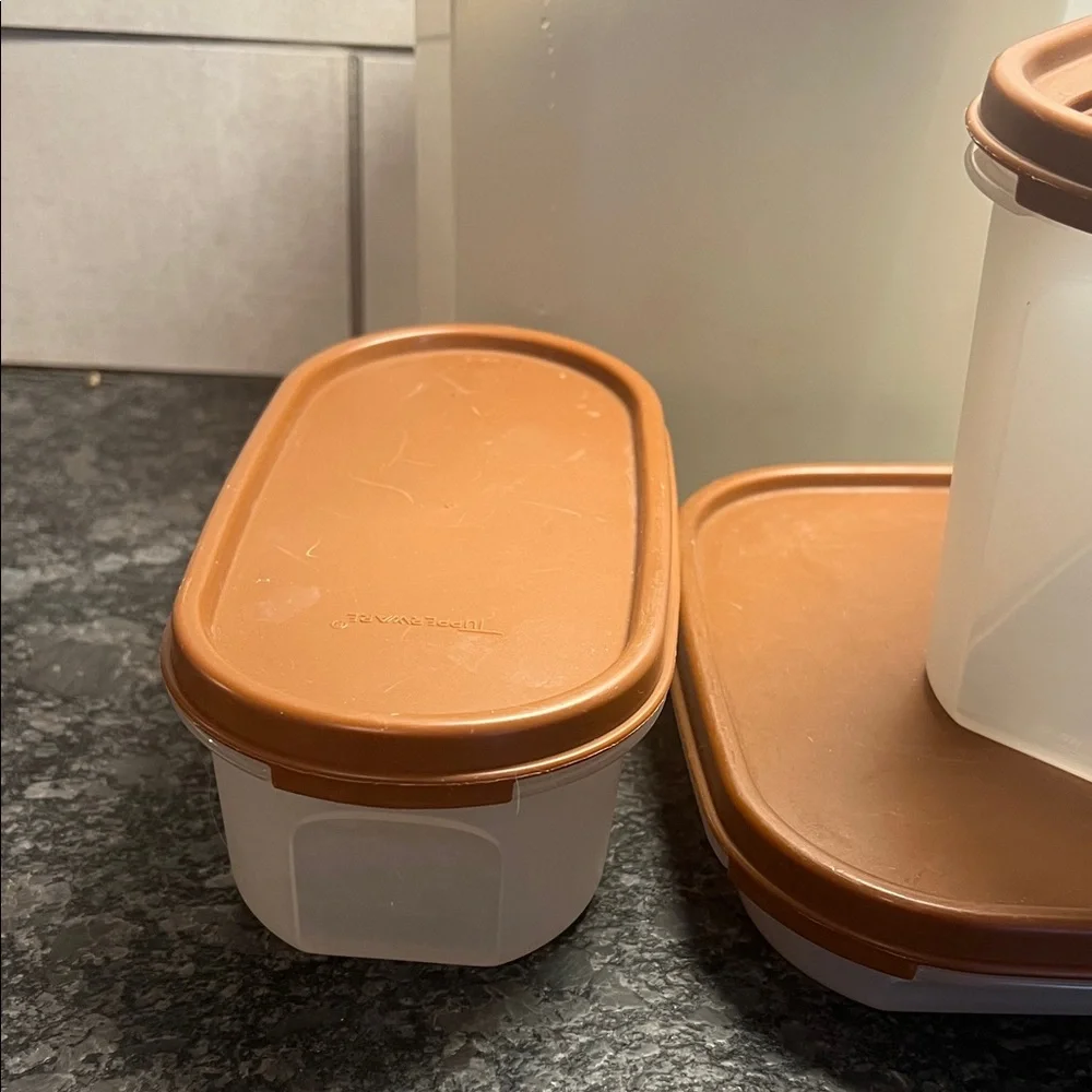 Set of 4 Vintage Tupperware Stackable Modular Mates. Brown lids. Exc condition